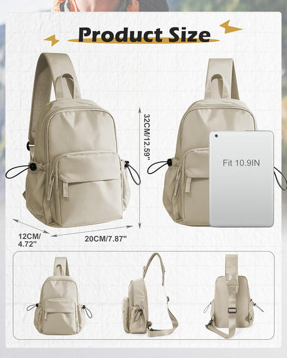 Sling Crossbody Bag for Men Women, Tactical Backpack Shoulder Daypack Mini Anti-Theft Motorcycle Chest Bags, Small One Strap Backpack for Casual Travel Hiking Outdoor Sports Off White