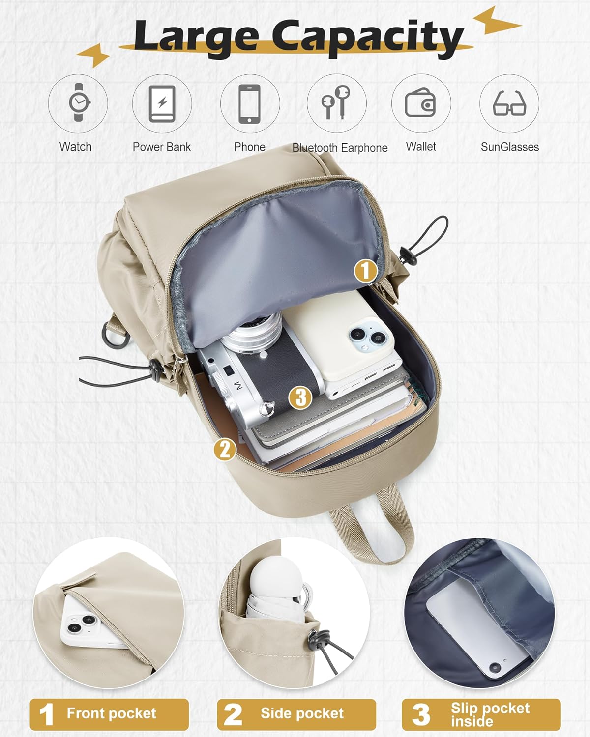 Sling Crossbody Bag for Men Women, Tactical Backpack Shoulder Daypack Mini Anti-Theft Motorcycle Chest Bags, Small One Strap Backpack for Casual Travel Hiking Outdoor Sports Off White