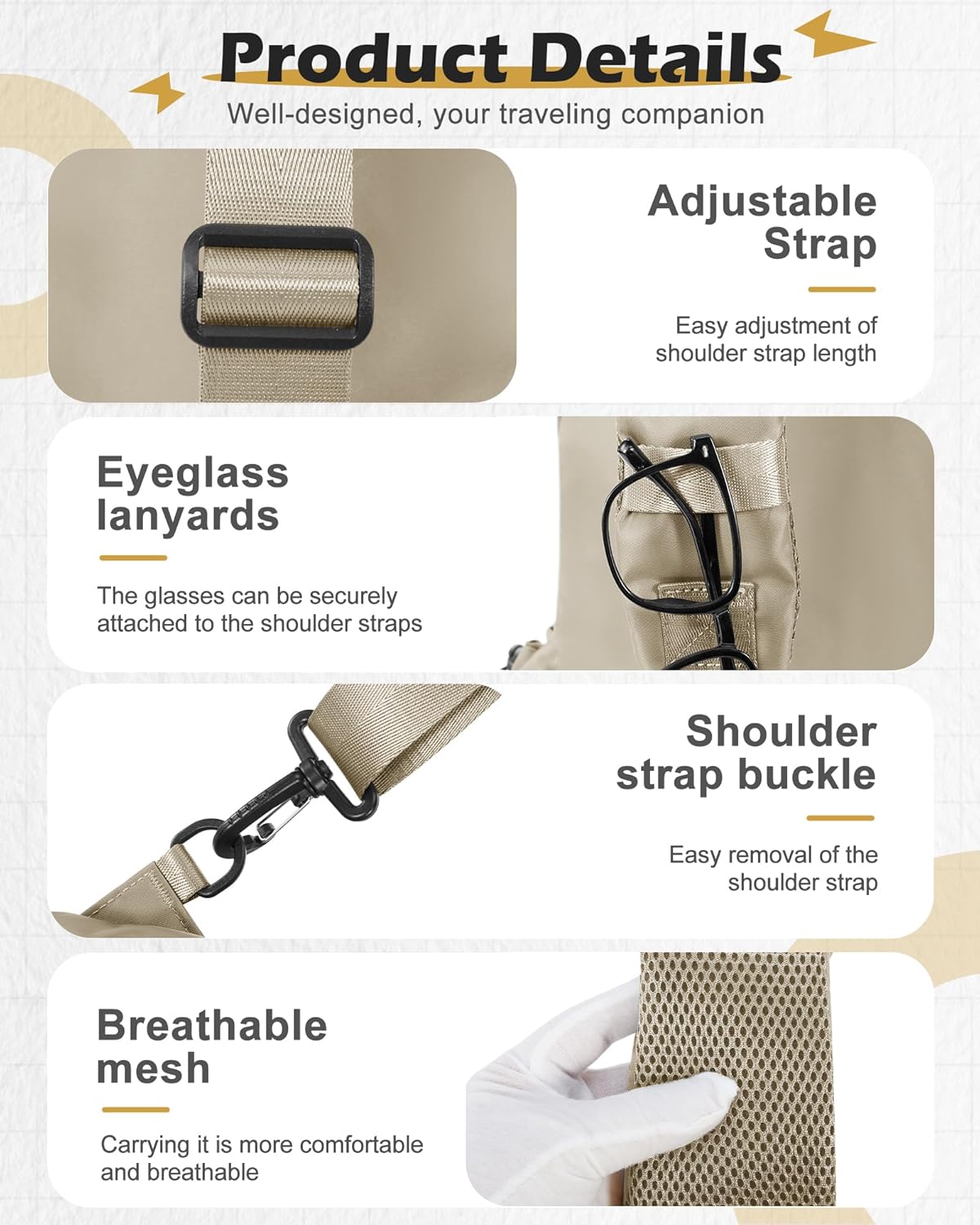 Sling Crossbody Bag for Men Women, Tactical Backpack Shoulder Daypack Mini Anti-Theft Motorcycle Chest Bags, Small One Strap Backpack for Casual Travel Hiking Outdoor Sports Off White