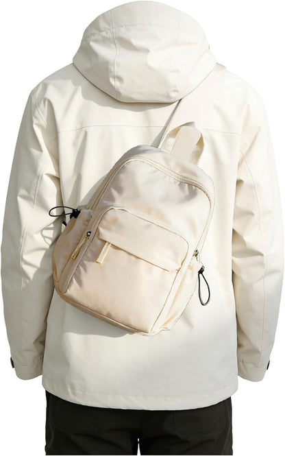 Sling Crossbody Bag for Men Women, Tactical Backpack Shoulder Daypack Mini Anti-Theft Motorcycle Chest Bags, Small One Strap Backpack for Casual Travel Hiking Outdoor Sports Off White