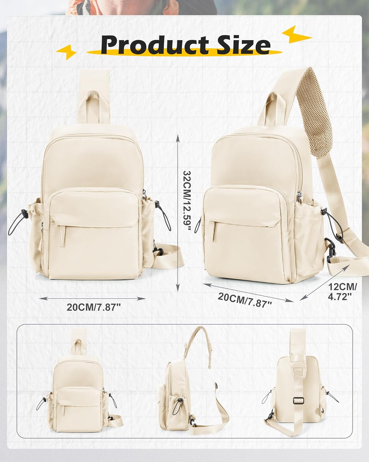 Sling Crossbody Bag for Men Women, Tactical Backpack Shoulder Daypack Mini Anti-Theft Motorcycle Chest Bags, Small One Strap Backpack for Casual Travel Hiking Outdoor Sports Off White