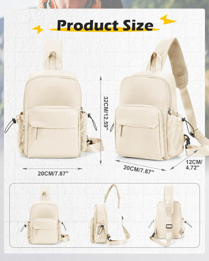 Sling Crossbody Bag for Men Women, Tactical Backpack Shoulder Daypack Mini Anti-Theft Motorcycle Chest Bags, Small One Strap Backpack for Casual Travel Hiking Outdoor Sports Off White