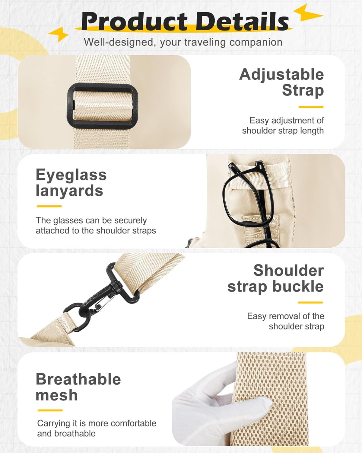 Sling Crossbody Bag for Men Women, Tactical Backpack Shoulder Daypack Mini Anti-Theft Motorcycle Chest Bags, Small One Strap Backpack for Casual Travel Hiking Outdoor Sports Off White