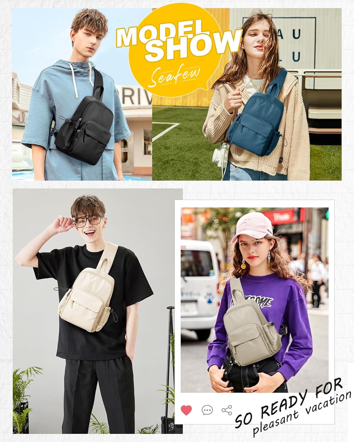 Sling Crossbody Bag for Men Women, Tactical Backpack Shoulder Daypack Mini Anti-Theft Motorcycle Chest Bags, Small One Strap Backpack for Casual Travel Hiking Outdoor Sports Off White