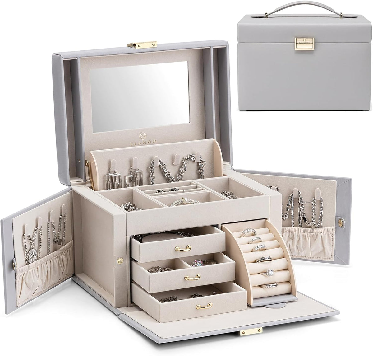 Mirrored Jewelry Box Organizer, Leather Jewelry Storage Case, Necklaces Earrings Rings Brackets Box Holder, Pearl White