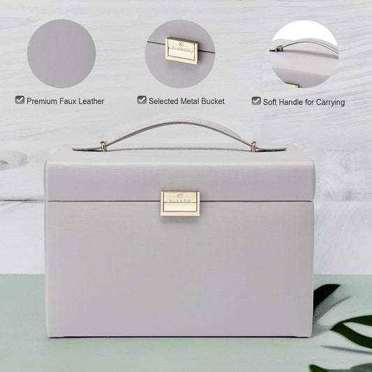 Mirrored Jewelry Box Organizer, Leather Jewelry Storage Case, Necklaces Earrings Rings Brackets Box Holder, Pearl White