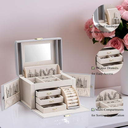 Mirrored Jewelry Box Organizer, Leather Jewelry Storage Case, Necklaces Earrings Rings Brackets Box Holder, Pearl White
