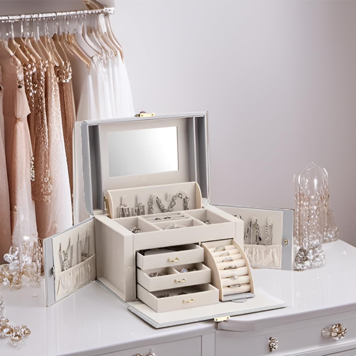 Mirrored Jewelry Box Organizer, Leather Jewelry Storage Case, Necklaces Earrings Rings Brackets Box Holder, Pearl White