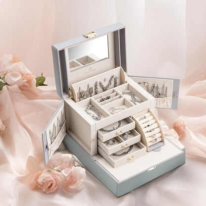 Mirrored Jewelry Box Organizer, Leather Jewelry Storage Case, Necklaces Earrings Rings Brackets Box Holder, Pearl White