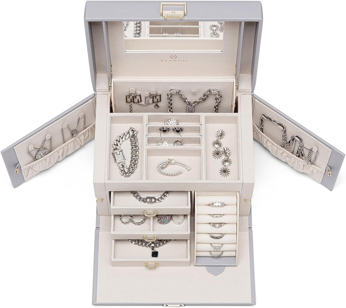 Mirrored Jewelry Box Organizer, Leather Jewelry Storage Case, Necklaces Earrings Rings Brackets Box Holder, Pearl White