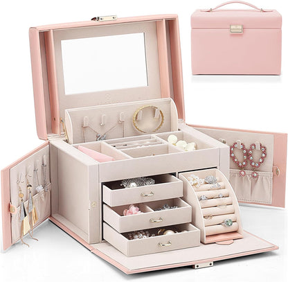Mirrored Jewelry Box Organizer, Leather Jewelry Storage Case, Necklaces Earrings Rings Brackets Box Holder, Pearl White