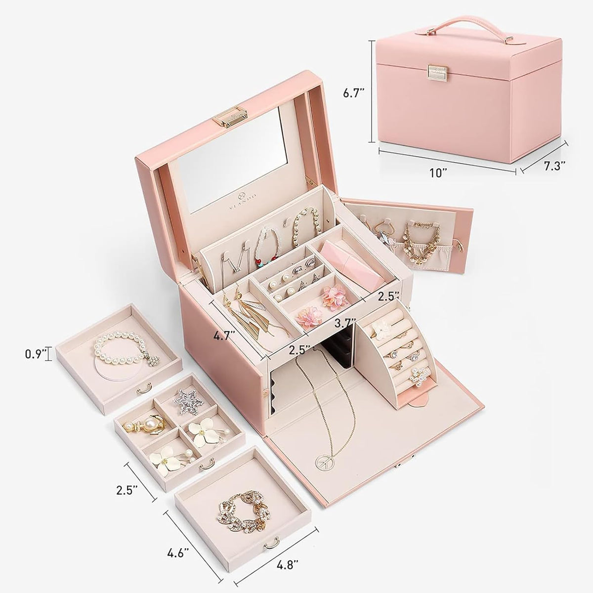 Mirrored Jewelry Box Organizer, Leather Jewelry Storage Case, Necklaces Earrings Rings Brackets Box Holder, Pearl White