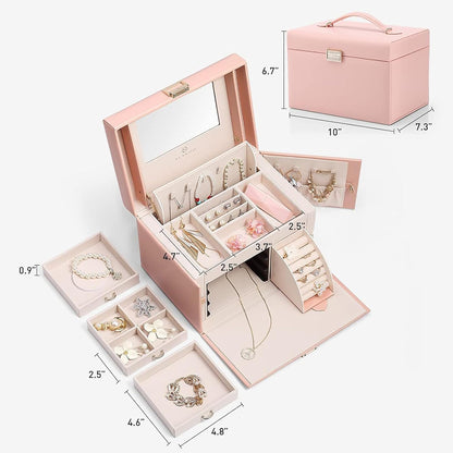 Mirrored Jewelry Box Organizer, Leather Jewelry Storage Case, Necklaces Earrings Rings Brackets Box Holder, Pearl White