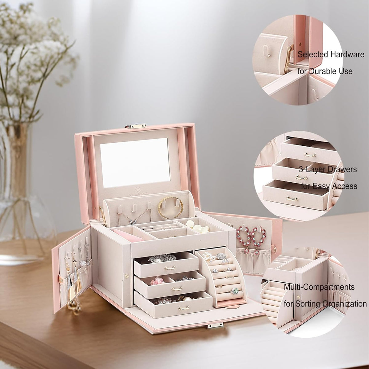 Mirrored Jewelry Box Organizer, Leather Jewelry Storage Case, Necklaces Earrings Rings Brackets Box Holder, Pearl White
