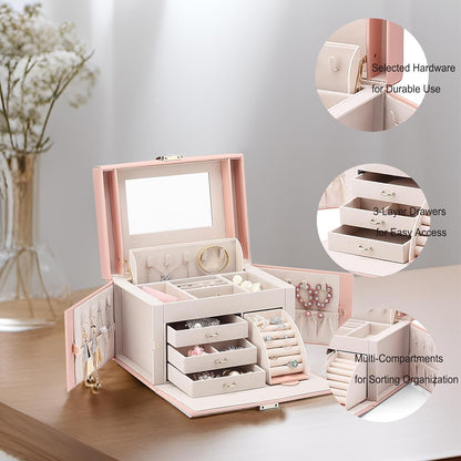 Mirrored Jewelry Box Organizer, Leather Jewelry Storage Case, Necklaces Earrings Rings Brackets Box Holder, Pearl White