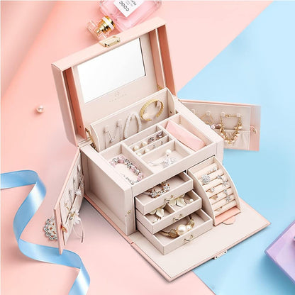 Mirrored Jewelry Box Organizer, Leather Jewelry Storage Case, Necklaces Earrings Rings Brackets Box Holder, Pearl White