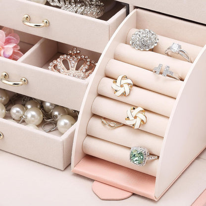 Mirrored Jewelry Box Organizer, Leather Jewelry Storage Case, Necklaces Earrings Rings Brackets Box Holder, Pearl White