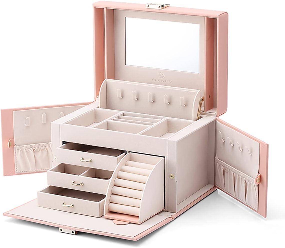 Mirrored Jewelry Box Organizer, Leather Jewelry Storage Case, Necklaces Earrings Rings Brackets Box Holder, Pearl White