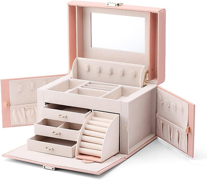 Mirrored Jewelry Box Organizer, Leather Jewelry Storage Case, Necklaces Earrings Rings Brackets Box Holder, Pearl White
