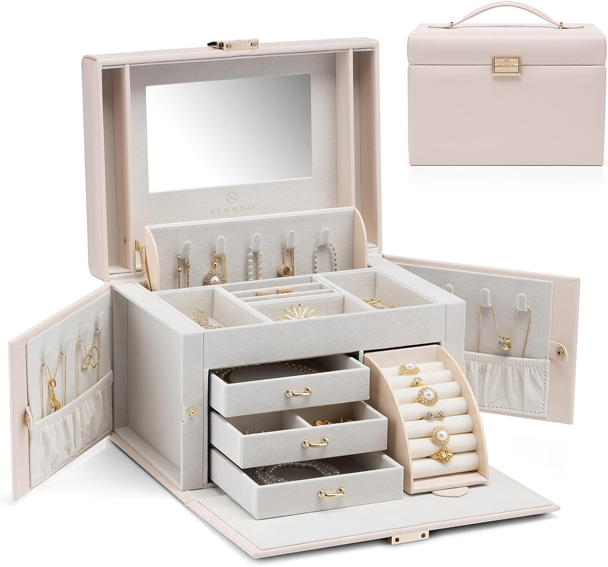 Mirrored Jewelry Box Organizer, Leather Jewelry Storage Case, Necklaces Earrings Rings Brackets Box Holder, Pearl White