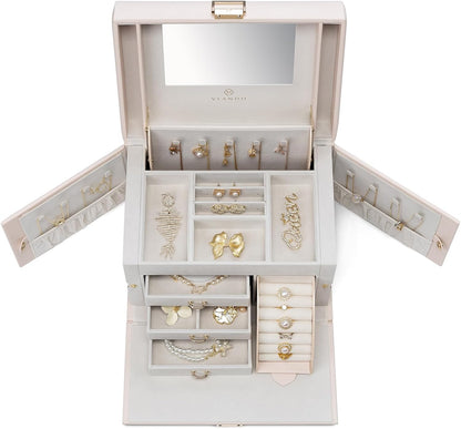 Mirrored Jewelry Box Organizer, Leather Jewelry Storage Case, Necklaces Earrings Rings Brackets Box Holder, Pearl White