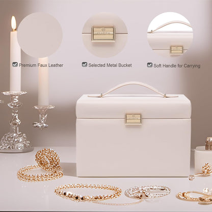 Mirrored Jewelry Box Organizer, Leather Jewelry Storage Case, Necklaces Earrings Rings Brackets Box Holder, Pearl White