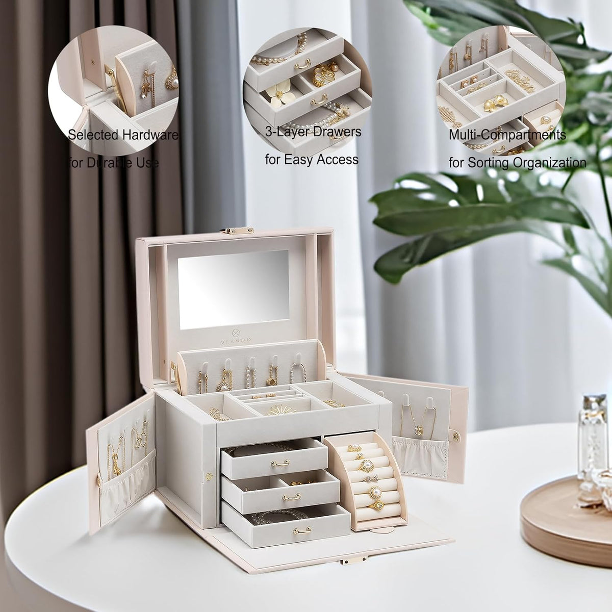 Mirrored Jewelry Box Organizer, Leather Jewelry Storage Case, Necklaces Earrings Rings Brackets Box Holder, Pearl White