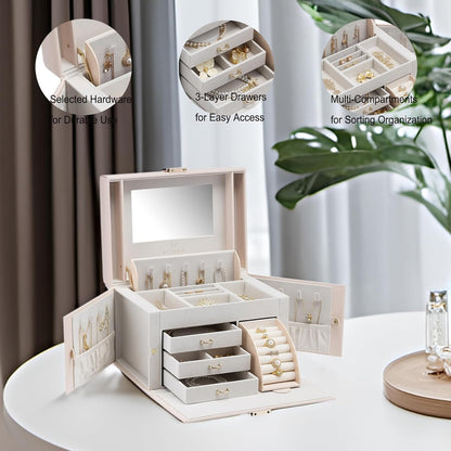Mirrored Jewelry Box Organizer, Leather Jewelry Storage Case, Necklaces Earrings Rings Brackets Box Holder, Pearl White
