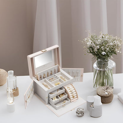 Mirrored Jewelry Box Organizer, Leather Jewelry Storage Case, Necklaces Earrings Rings Brackets Box Holder, Pearl White