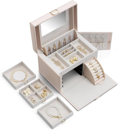 Mirrored Jewelry Box Organizer, Leather Jewelry Storage Case, Necklaces Earrings Rings Brackets Box Holder, Pearl White