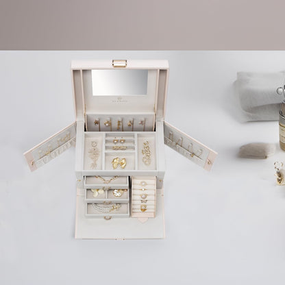 Mirrored Jewelry Box Organizer, Leather Jewelry Storage Case, Necklaces Earrings Rings Brackets Box Holder, Pearl White