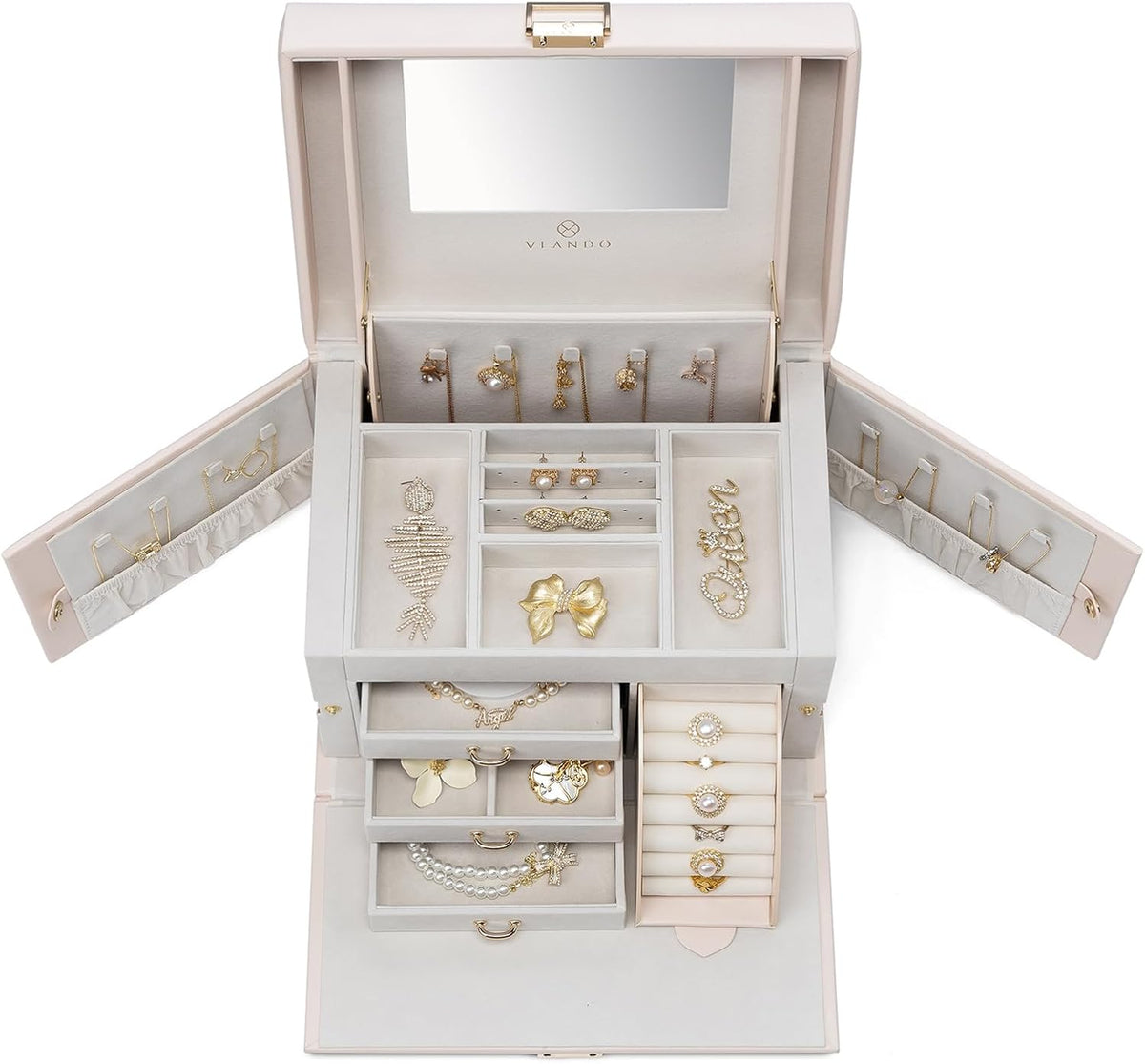 Mirrored Jewelry Box Organizer, Leather Jewelry Storage Case, Necklaces Earrings Rings Brackets Box Holder, Pearl White