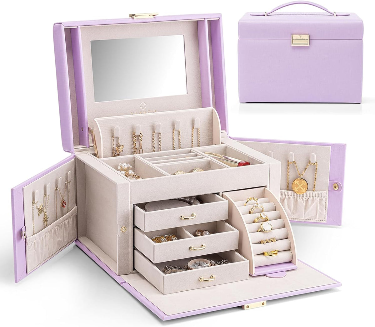 Mirrored Jewelry Box Organizer, Leather Jewelry Storage Case, Necklaces Earrings Rings Brackets Box Holder, Pearl White