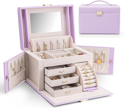 Mirrored Jewelry Box Organizer, Leather Jewelry Storage Case, Necklaces Earrings Rings Brackets Box Holder, Pearl White