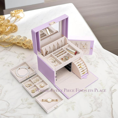 Mirrored Jewelry Box Organizer, Leather Jewelry Storage Case, Necklaces Earrings Rings Brackets Box Holder, Pearl White