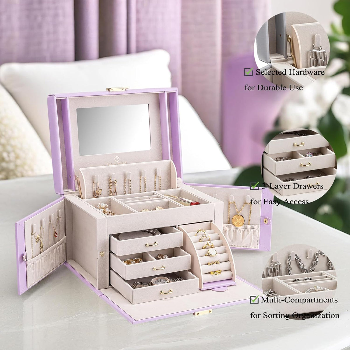 Mirrored Jewelry Box Organizer, Leather Jewelry Storage Case, Necklaces Earrings Rings Brackets Box Holder, Pearl White