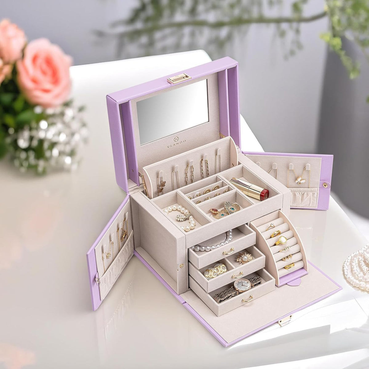 Mirrored Jewelry Box Organizer, Leather Jewelry Storage Case, Necklaces Earrings Rings Brackets Box Holder, Pearl White