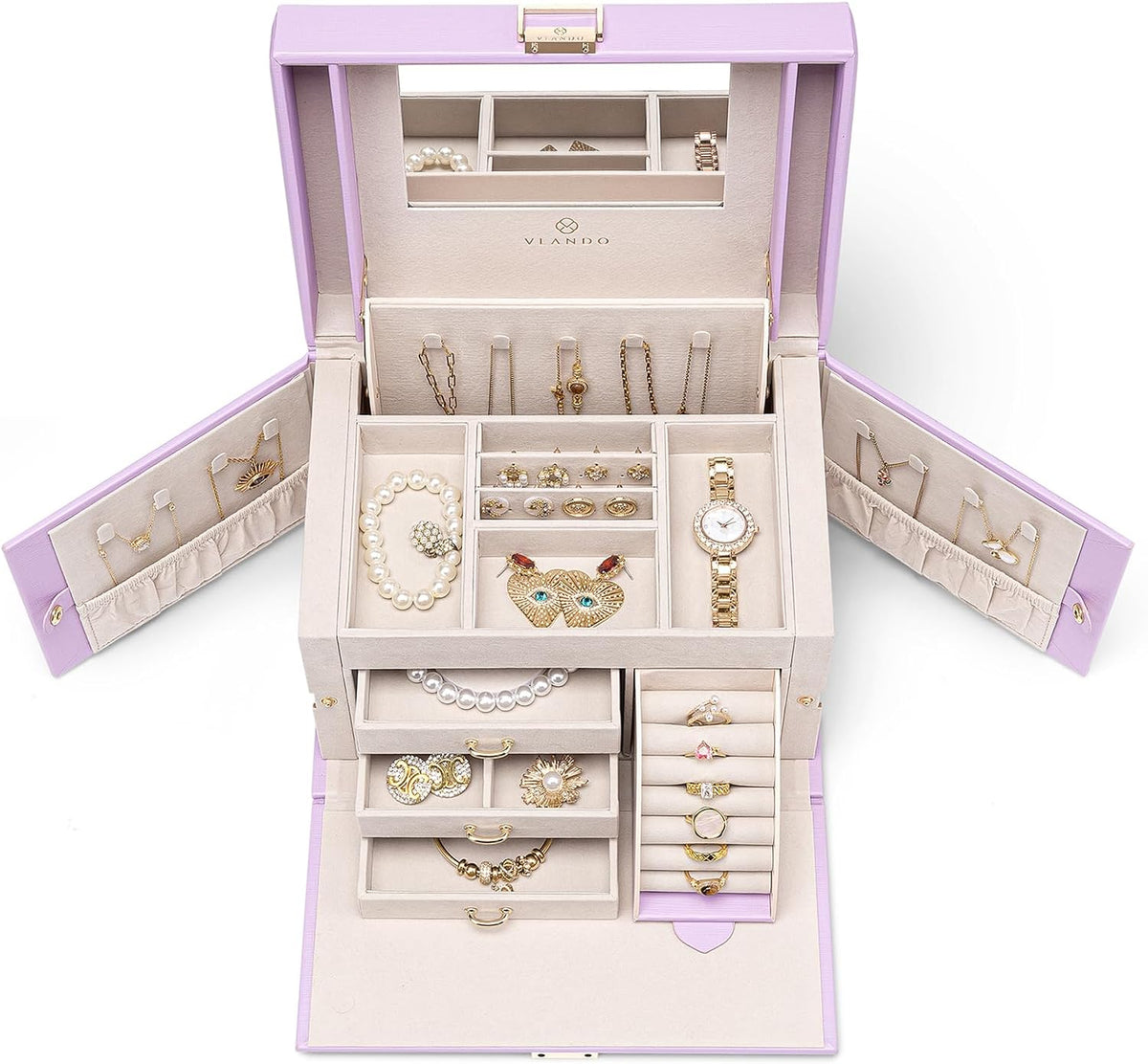 Mirrored Jewelry Box Organizer, Leather Jewelry Storage Case, Necklaces Earrings Rings Brackets Box Holder, Pearl White