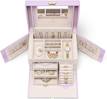Mirrored Jewelry Box Organizer, Leather Jewelry Storage Case, Necklaces Earrings Rings Brackets Box Holder, Pearl White