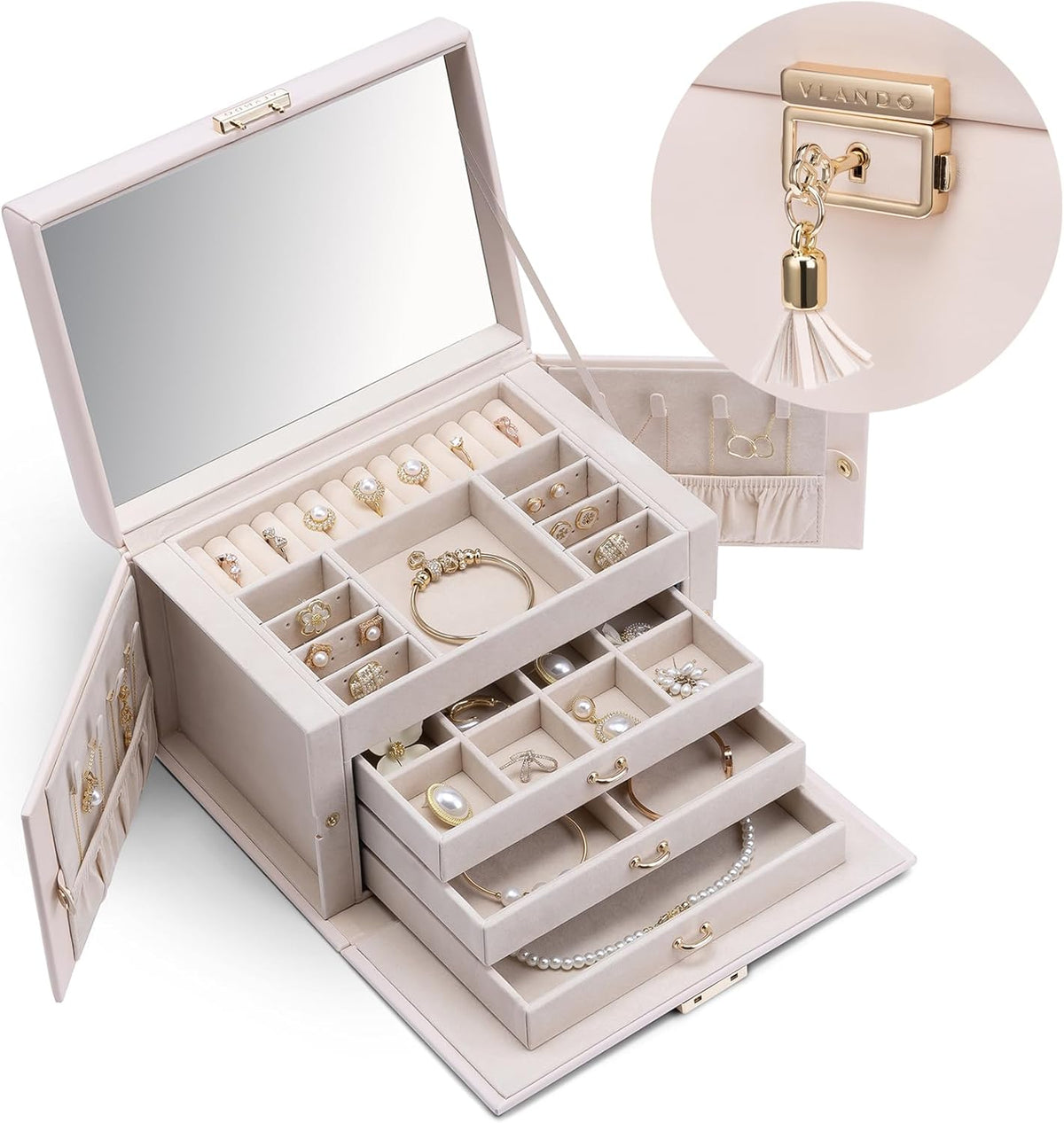 Mirrored Jewelry Box Organizer, Leather Jewelry Storage Case, Necklaces Earrings Rings Brackets Box Holder, Pearl White