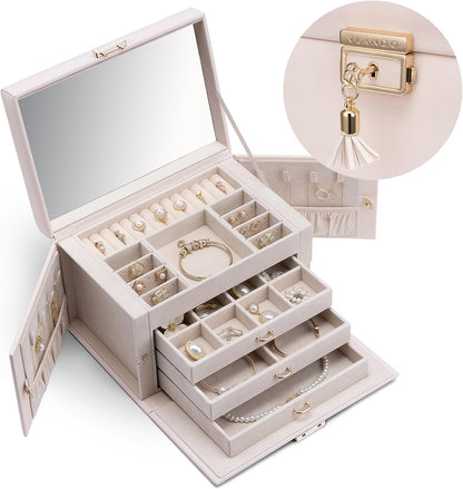 Mirrored Jewelry Box Organizer, Leather Jewelry Storage Case, Necklaces Earrings Rings Brackets Box Holder, Pearl White
