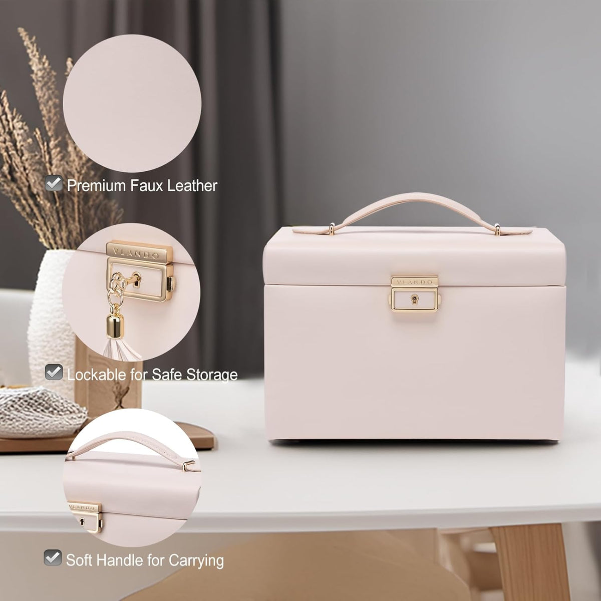 Mirrored Jewelry Box Organizer, Leather Jewelry Storage Case, Necklaces Earrings Rings Brackets Box Holder, Pearl White