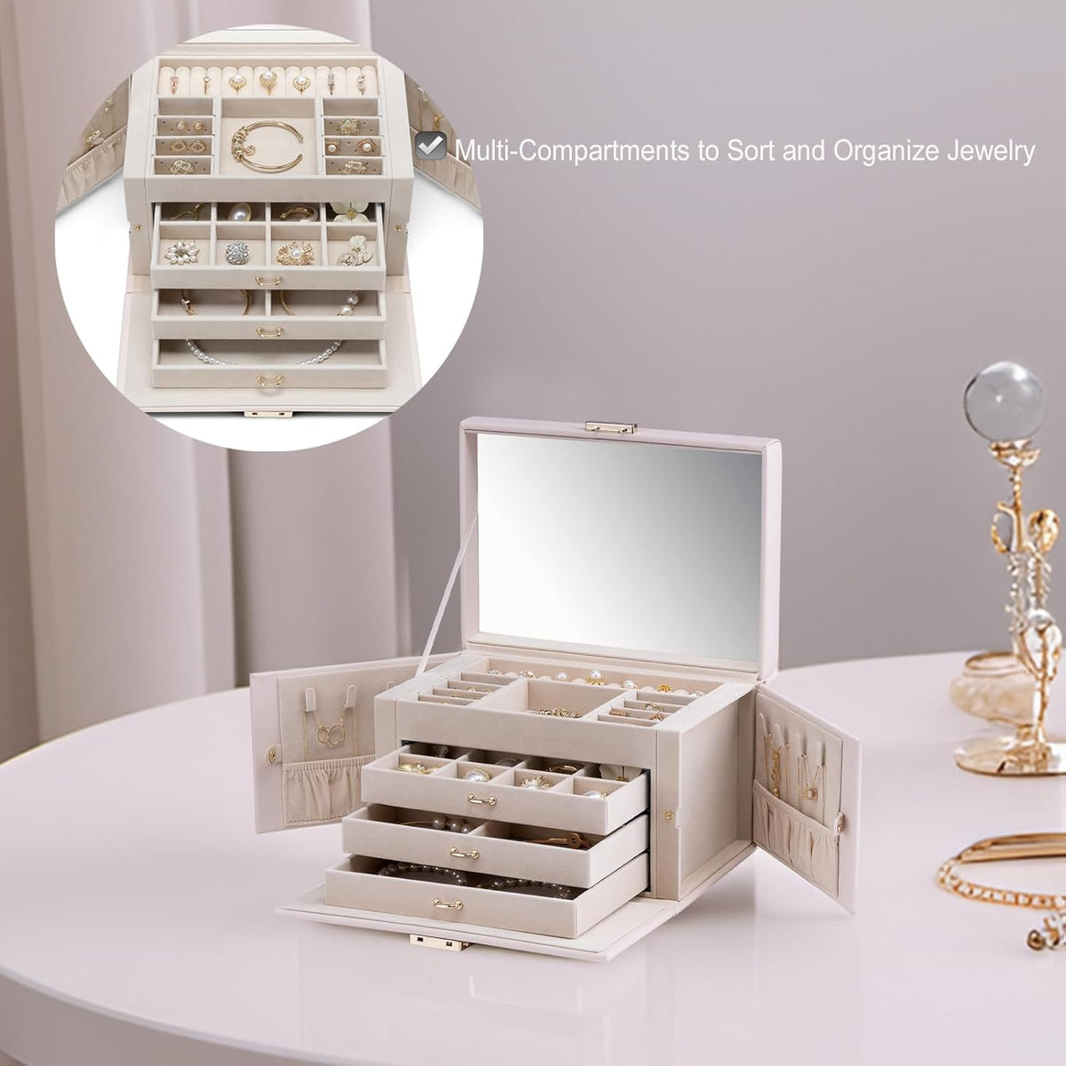 Mirrored Jewelry Box Organizer, Leather Jewelry Storage Case, Necklaces Earrings Rings Brackets Box Holder, Pearl White