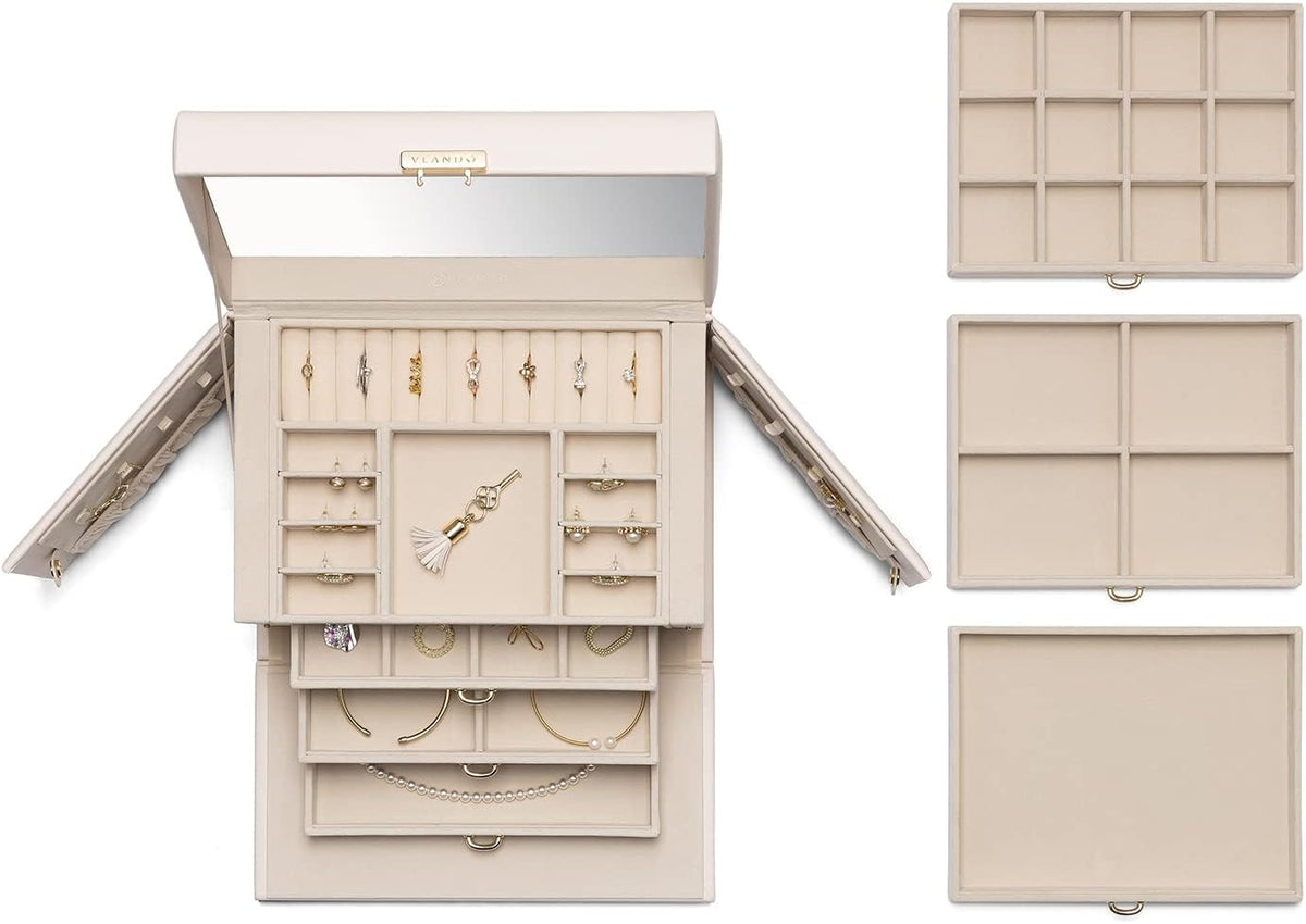 Mirrored Jewelry Box Organizer, Leather Jewelry Storage Case, Necklaces Earrings Rings Brackets Box Holder, Pearl White