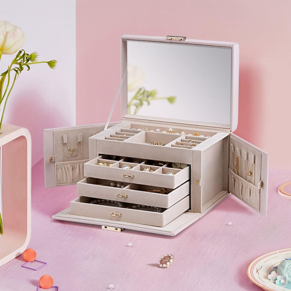 Mirrored Jewelry Box Organizer, Leather Jewelry Storage Case, Necklaces Earrings Rings Brackets Box Holder, Pearl White
