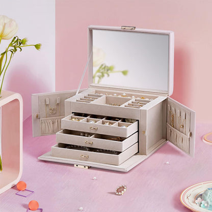 Mirrored Jewelry Box Organizer, Leather Jewelry Storage Case, Necklaces Earrings Rings Brackets Box Holder, Pearl White