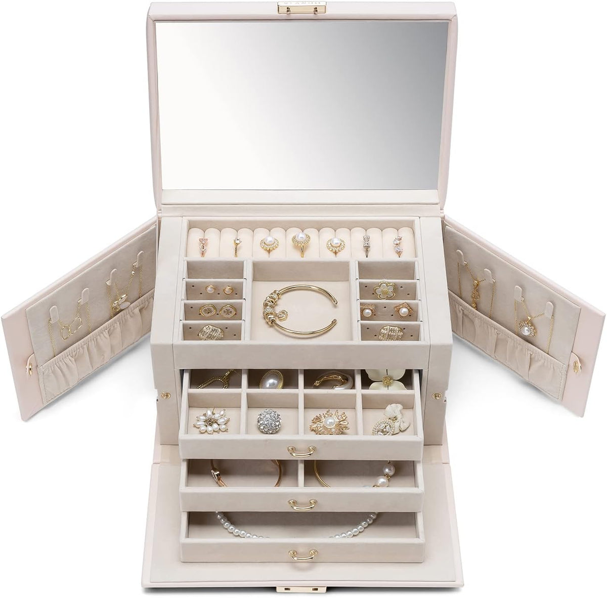 Mirrored Jewelry Box Organizer, Leather Jewelry Storage Case, Necklaces Earrings Rings Brackets Box Holder, Pearl White
