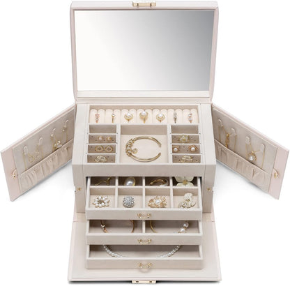 Mirrored Jewelry Box Organizer, Leather Jewelry Storage Case, Necklaces Earrings Rings Brackets Box Holder, Pearl White