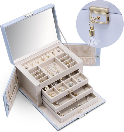 Mirrored Jewelry Box Organizer, Leather Jewelry Storage Case, Necklaces Earrings Rings Brackets Box Holder, Pearl White