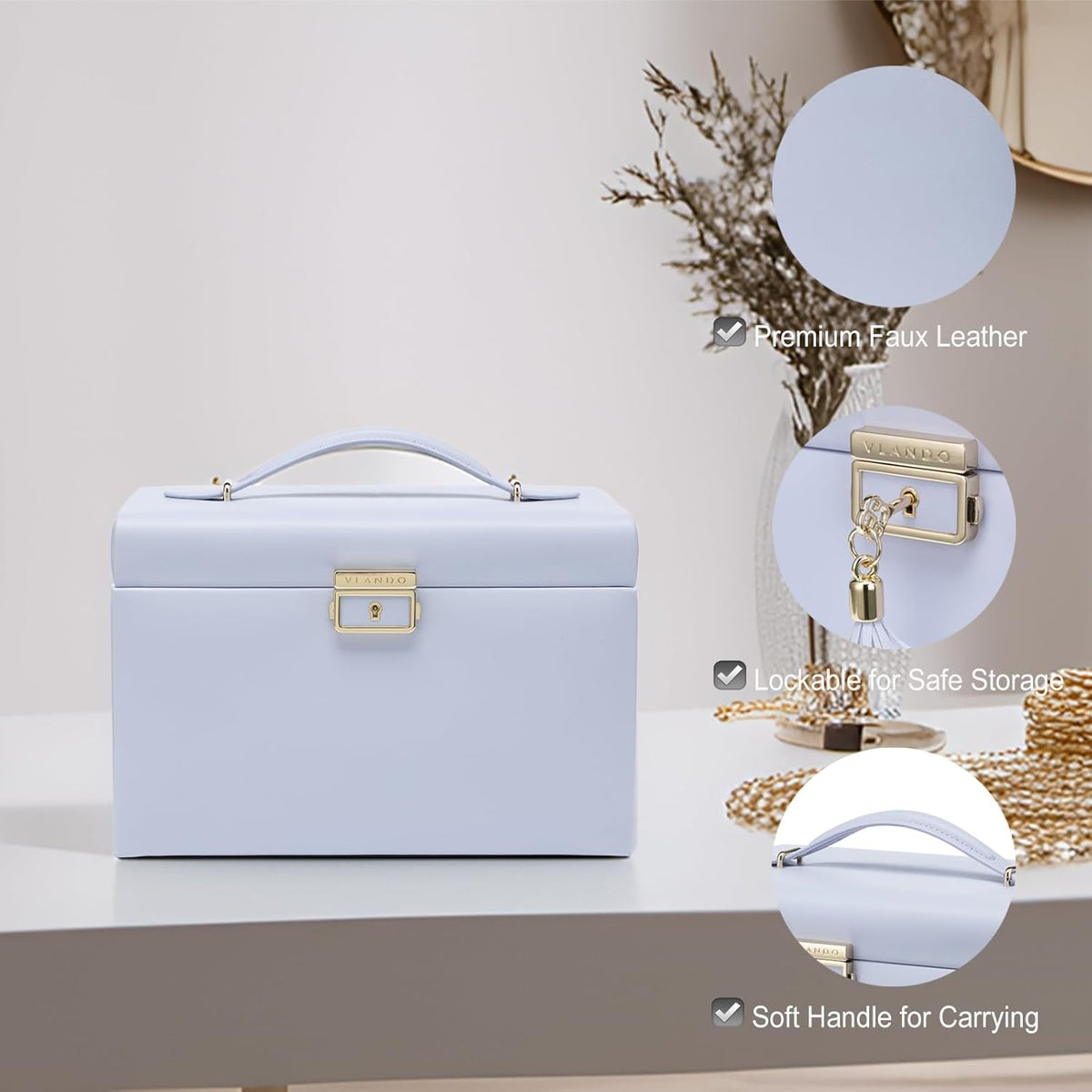 Mirrored Jewelry Box Organizer, Leather Jewelry Storage Case, Necklaces Earrings Rings Brackets Box Holder, Pearl White